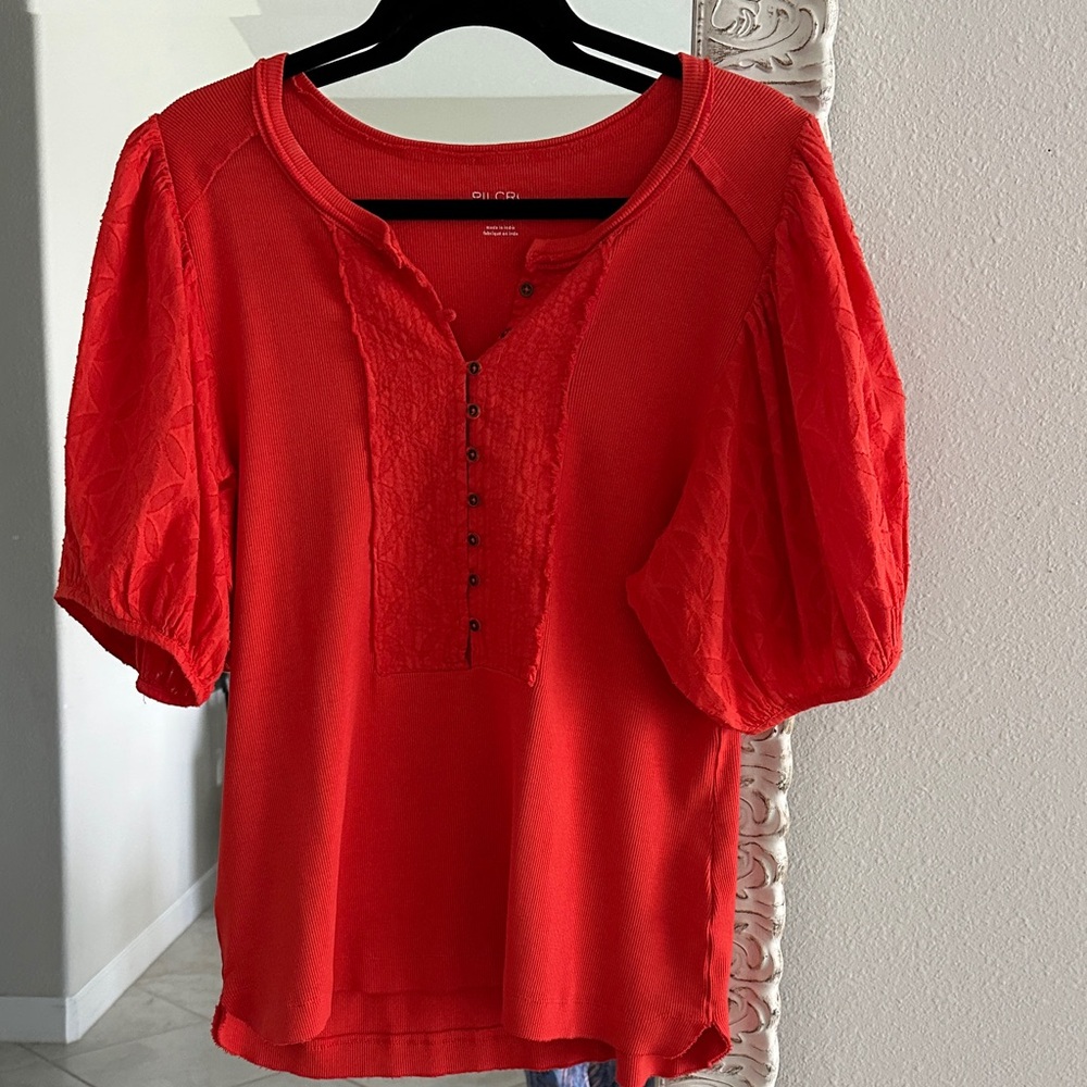 Anthropologie Pilcro Bella Henley Red Puff-Sleeve Button-Front Blouse
